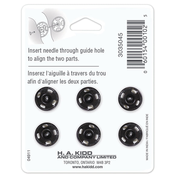 UNIQUE SEWING Boutons-pression à coudre noir no 4 / 13mm (1⁄2″) - 6 paires